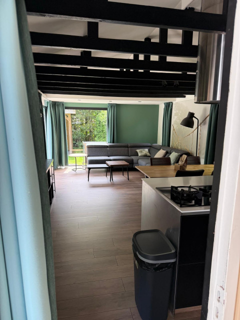 Binnenkomen in een moderne lodge met open keuken, zithoek, groene gordijnen en zicht op buiten.