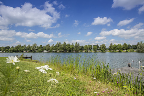 Vue sur le lac et végétation près de Hoge Hexel, Overijssel, Pays-Bas, sous un ciel bleu partiellement nuageux.
