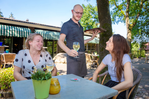Deux femmes profitent de la terrasse du parc de vacances Tolplas à Overijssel, servies par un serveur.