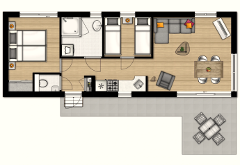 Plan du Chalet 4 au Tolplas aux Pays-Bas, indiquant les chambres, salles de bains et séjour avec cuisine.