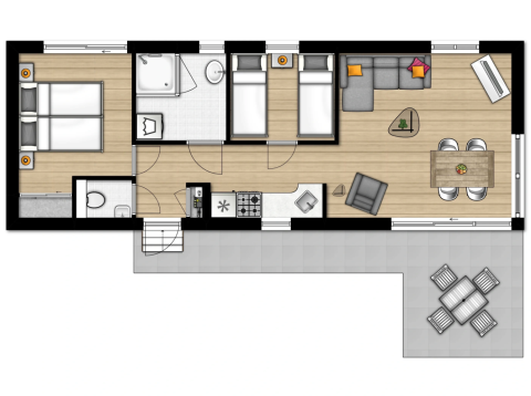 Grundriss von Chalet 4 im Tolplas in den Niederlanden mit Schlafzimmern, Badezimmern und Wohnbereich.