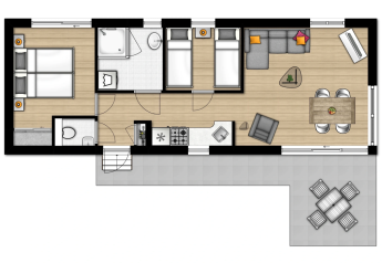 Grundriss von Chalet 4 im Tolplas in den Niederlanden mit Schlafzimmern, Badezimmern und Wohnbereich.