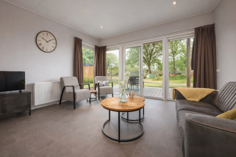 Bright living room at Linde 4 Sauna, Tolplas, Netherlands, with modern décor and large windows to the garden.
