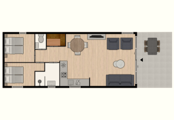 Plantegning af Linde 4 Sauna-lodge ved Tolplas, Holland, med to soveværelser, stue og udendørs terrasse.