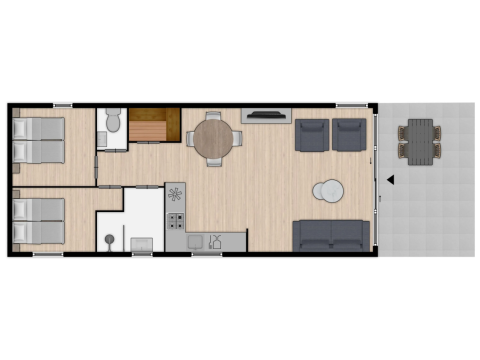 Plattegrond van Linde 4 Sauna lodge bij Tolplas in Nederland, met 2 slaapkamers, woonkamer en buiten terras.