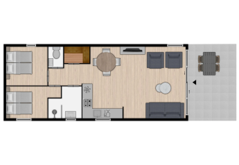 Plantegning af Linde 4 Sauna-lodge ved Tolplas, Holland, med to soveværelser, stue og udendørs terrasse.