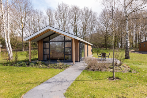 Lodge moderne Schipbeek 6 à Tolplas, Pays-Bas, avec terrasse, jardin verdoyant et grandes baies vitrées.