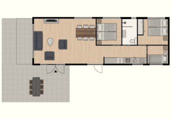 Grundriss der Lodge Schipbeek 6 in Tolplas, Niederlande, mit Wohnzimmer, Küche, Terrasse und drei Schlafzimmern.