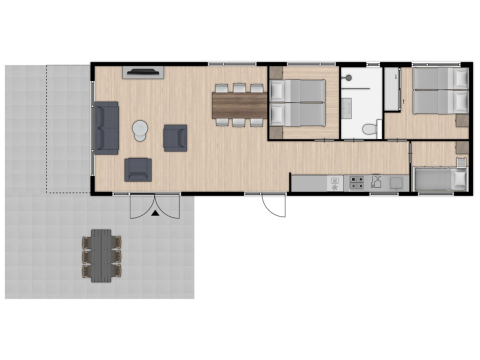 Plan de la lodge Schipbeek 6 à Tolplas, Pays-Bas, avec salon, cuisine, trois chambres et terrasse.
