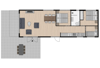 Plan de la lodge Schipbeek 6 à Tolplas, Pays-Bas, avec salon, cuisine, trois chambres et terrasse.