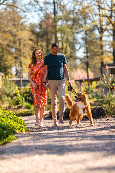 Koppel wandelt met hun hond aan de leiband op een zonnig pad bij een lodge, omgeven door natuur.