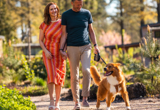 Koppel wandelt met hun hond aan de leiband op een zonnig pad bij een lodge, omgeven door natuur.