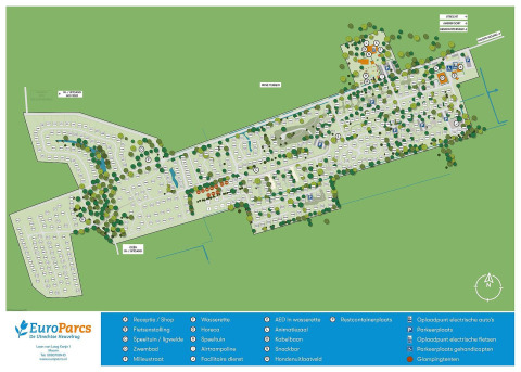 Kaart van EuroParcs De Utrechtse Heuvelrug, met faciliteiten als zwembad, parking en glampingtenten.