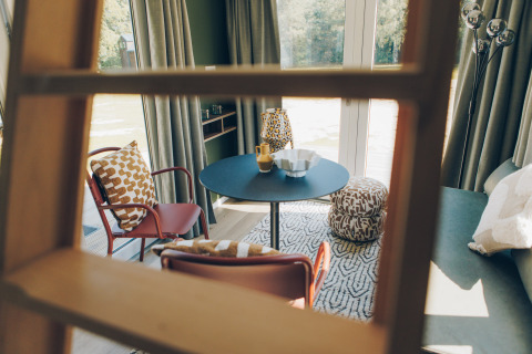 Modern living area in Koya Tiny Loft at Wilsumer Berge, Germany, viewed through a wooden ladder.