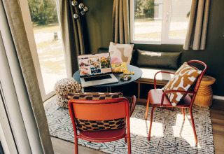 Cozy workspace in Koya Tiny Loft, Wilsumer Berge, Germany featuring a laptop, chairs, and pillows.