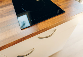 A modern induction cooktop installed in a wooden countertop at Koya Tiny Loft, Wilsumer Berge, Germany.