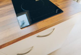 A modern induction cooktop installed in a wooden countertop at Koya Tiny Loft, Wilsumer Berge, Germany.