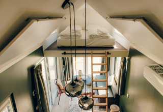 Interior view of Koya Tiny Loft featuring a lofted bed, ladder, and modern decor at Wilsumer Berge, Germany.