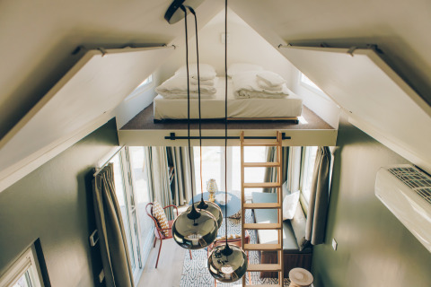 Interior view of Koya Tiny Loft featuring a lofted bed, ladder, and modern decor at Wilsumer Berge, Germany.