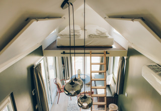 Interior view of Koya Tiny Loft featuring a lofted bed, ladder, and modern decor at Wilsumer Berge, Germany.