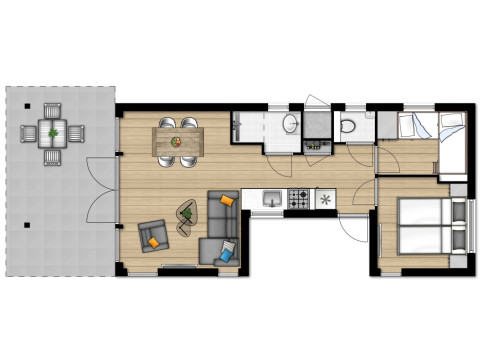 Floor plan of Lodge 4A in Wijdenes, Netherlands, showing two bedrooms, living area, kitchen, and terrace.