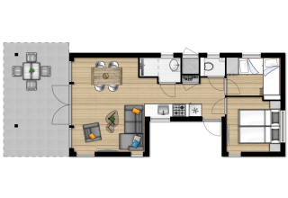 Floor plan of Lodge 4A in Wijdenes, Netherlands, showing two bedrooms, living area, kitchen, and terrace.