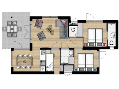 Floor plan of Lodge 6 in Wijdenes, Netherlands, featuring living room, kitchen, two bedrooms, and two bathrooms.