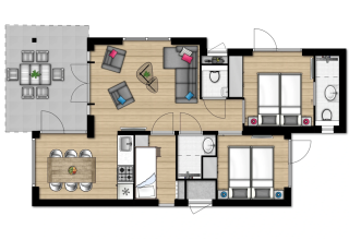 Floor plan of Lodge 6 in Wijdenes, Netherlands, featuring living room, kitchen, two bedrooms, and two bathrooms.