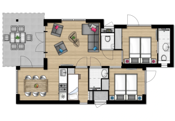 Floor plan of Lodge 6 in Wijdenes, Netherlands, featuring living room, kitchen, two bedrooms, and two bathrooms.