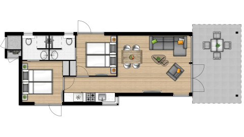 Floor plan of Lodge 4B at Wijdenes, Netherlands, showing bedrooms, bathroom, kitchen, and living area.