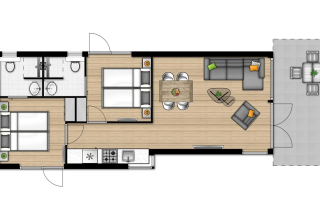 Floor plan of Lodge 4B at Wijdenes, Netherlands, showing bedrooms, bathroom, kitchen, and living area.