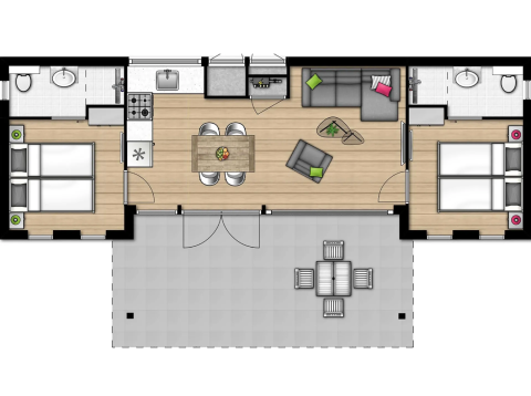 Floor plan of Lodge 4C at Wijdenes, Netherlands, featuring two bedrooms, bathrooms, kitchen, and terrace.