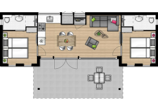 Floor plan of Lodge 4C at Wijdenes, Netherlands, featuring two bedrooms, bathrooms, kitchen, and terrace.