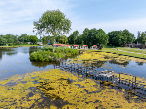 Chalets de vacances près du lac avec jetée en bois et algues au Hunzepark, parc de vacances à Drenthe, Pays-Bas.