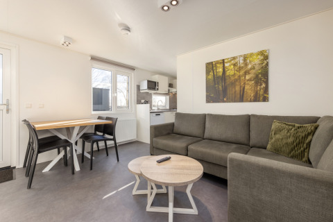 Sala moderna en el Chalet Comfort 4 de Hunzepark, Países Bajos, con sofá, mesa de comedor y cocina pequeña.