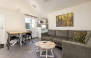 Modern living room at Chalet Comfort 4, Hunzepark in the Netherlands, with sofa, dining table and kitchenette.