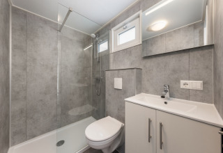 Baño moderno en el Chalet Comfort 4 de Hunzepark, Países Bajos, con ducha de cristal, inodoro y lavabo.