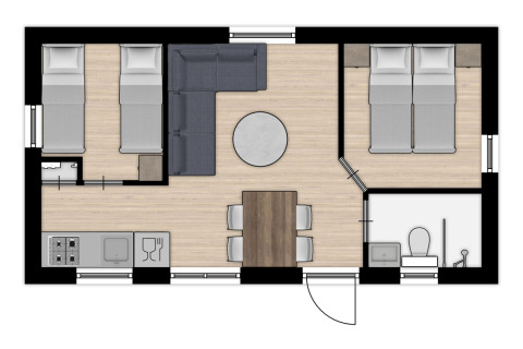Plano de Chalet Comfort 4 en Hunzepark, Países Bajos, con dos dormitorios, cocina y baño.