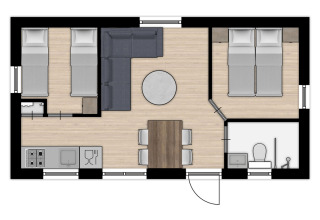 Plano de Chalet Comfort 4 en Hunzepark, Países Bajos, con dos dormitorios, cocina y baño.