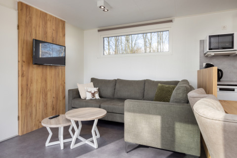 Soggiorno luminoso con divano verde, tavolini e TV in Chalet Comfort 6 presso Hunzepark, Paesi Bassi.