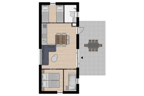 Plano de la Chalet Comfort 6 en Hunzepark, Países Bajos, con salón, cocina, tres habitaciones y una terraza exterior.