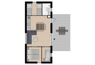 Planimetria del Chalet Comfort 6 all'Hunzepark nei Paesi Bassi con soggiorno, cucina, tre camere e terrazzo.