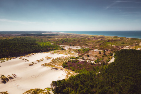 Luftfoto af sandklitter, skov og hav nær Callassande feriepark i Nordholland, Holland, på en klar dag.