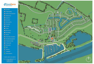 Map of EuroParcs Marina Strandbad showing facilities, walking paths, parking areas, marina and lodges.