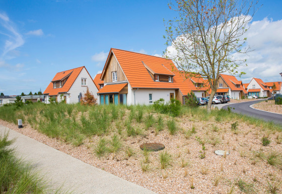 Moderne Ferienhäuser mit orangefarbenen Dächern im Breeduyn Village, Westflandern, Belgien.