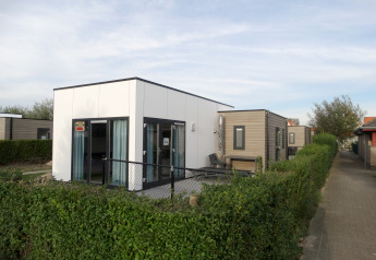 Zeitgemäße Lodge 4 im Breeduyn Village in Belgien, mit Hecke und angrenzendem gepflastertem Weg.