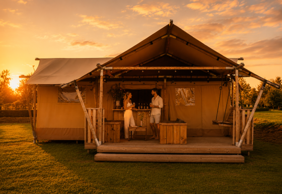 Ein luxuriöses Glamping-Zelt bei Sonnenuntergang, in dem zwei Personen auf einer Holzterrasse entspannen.