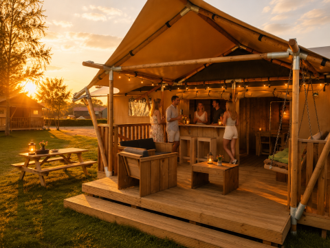 Safari-Glampingzelt im Ferienpark Eigen Wijze in den Niederlanden mit Menschen bei Sonnenuntergang.
