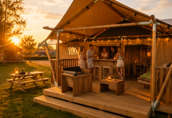 Tienda glamping safari en Holiday park Eigen Wijze, Países Bajos, con personas disfrutando al atardecer.