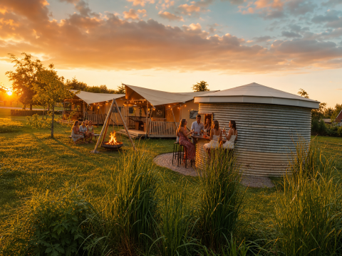 People enjoy a summer evening at a glamping tent site with campfire at Holiday park Eigen Wijze in NL.